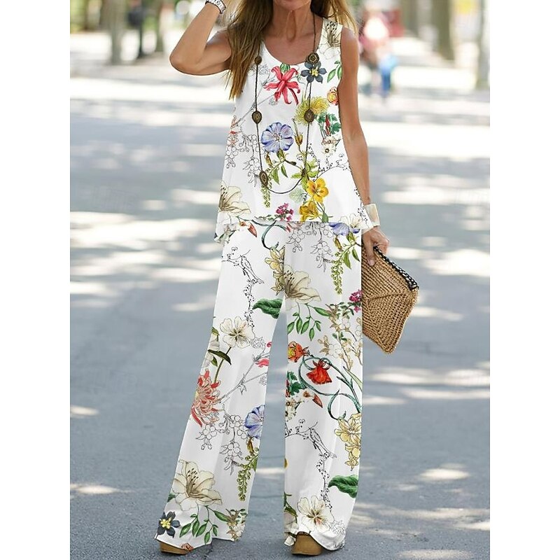 Women's Pant Set Vacation Fashion Daily Vest Sleeveless Crew Neck Geometric Vacation Casual Daily White Yellow Light Green Summer Regular Fit4