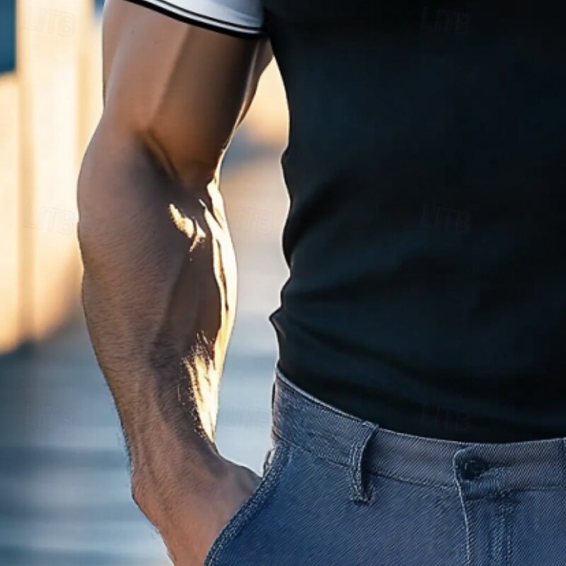 Men's Golf Shirt Pique Polo Shirt Business Casual Ribbed Polo Collar Short Sleeve Fashion Basic Color Block Buttons Summer Spring &  Fall Regular Fit Black Golf Shirt3