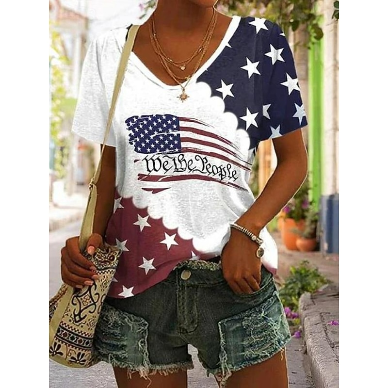 Women's Patriot Veteran Patriotic  Blouse Flag Casual Red White And Blue Short Sleeve V Neck Regular Tops Daily Print Blue Summer Spring3