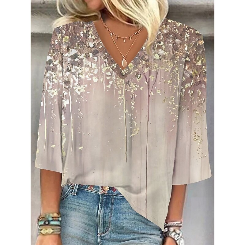 Women's Blouse Button Down Ombre Floral Graphic Stylish Beach Short Sleeve V Neck Regular Tops Daily Print Khaki Summer Spring