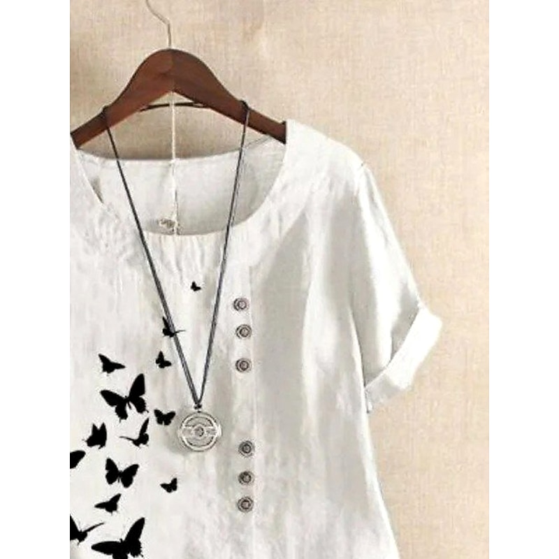 Women's 100% Cotton Shirt Blouse Graphic Butterfly Linen Vintage Casual Short Sleeve Crew Neck Regular Tops Daily Going out Buttons Print White Summer Spring2