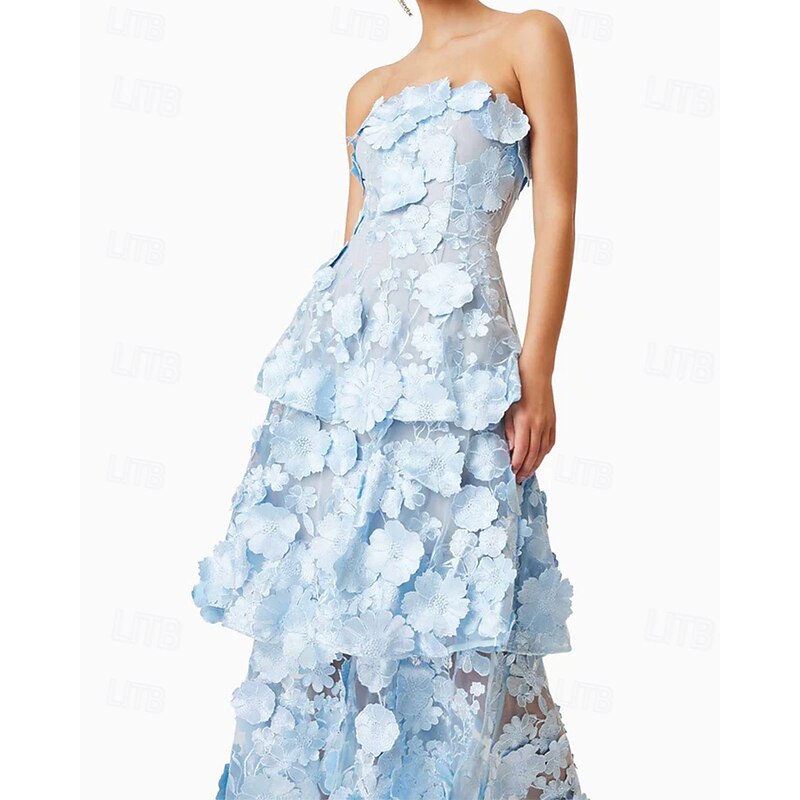 A-LineCocktail Dresses Tiered Dress Semi Formal Wedding Midi Length Sleeveless Off Shoulder with Floral Embroidered Lace Appliques4