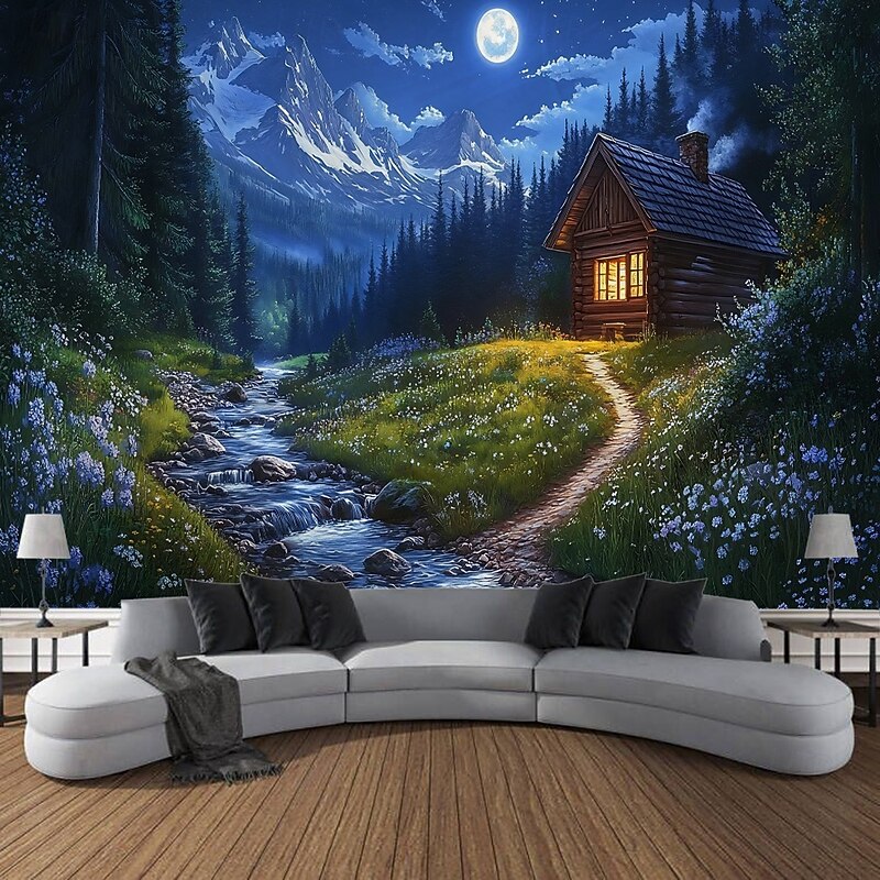 Outdoor House Moon Plant Landscape  Hanging Tapestry Wall Art Large Tapestry Mural Decor Photograph Backdrop Blanket Curtain Home Bedroom Living Room Decoration