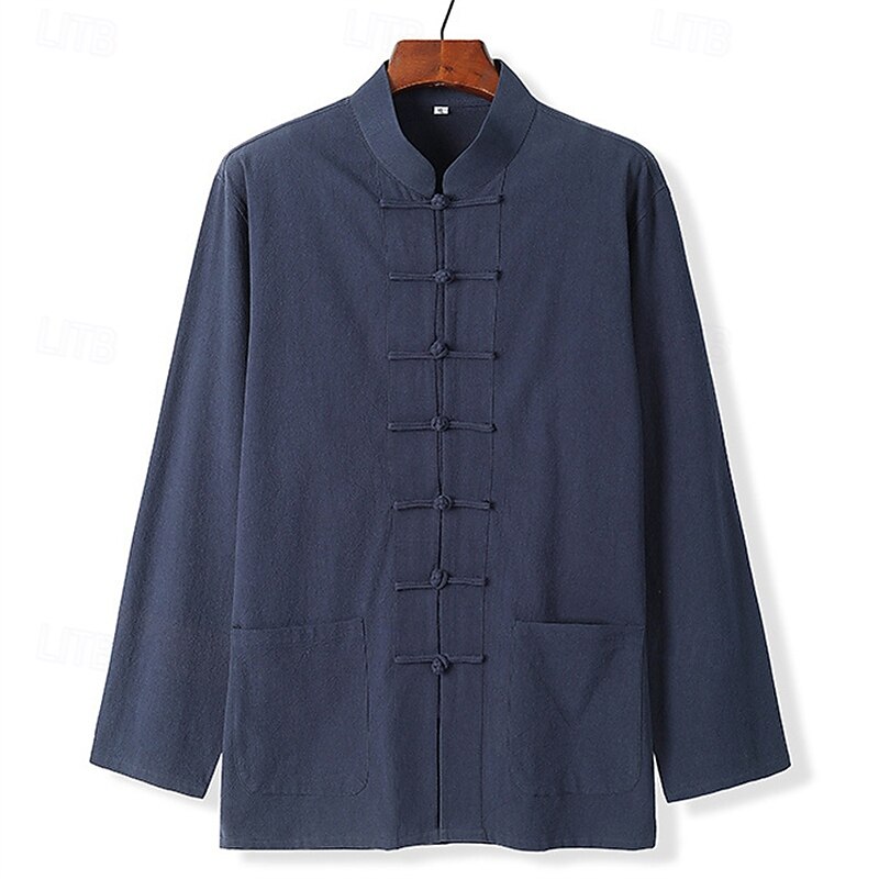 Men's Shirt Linen Shirt Casual Shirt Button Up Shirt Cotton Shirt Plain Vacation Hawaiian Black White Navy Blue Dark Green Long Sleeve Stand Collar Spring &  Fall Clothing Apparel Button-Down3