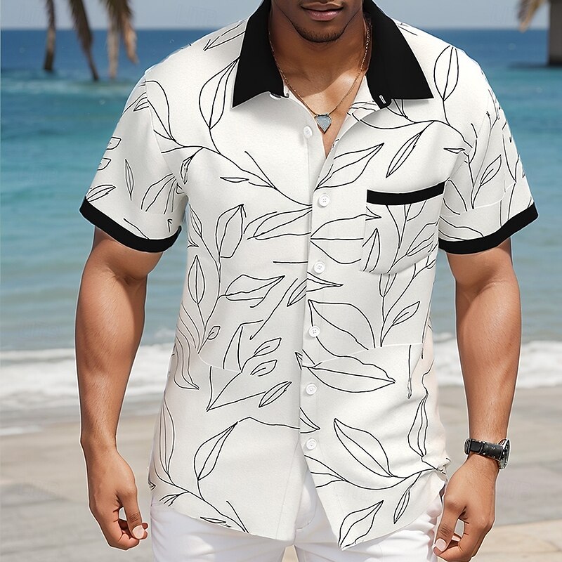 Men's Leaf Tropical Plants Shirt Summer Hawaiian Shirt Button Up Shirt Short Sleeve Hawaiian Resort Vacation Holiday Beach Wear Summer Spring Turndown Collared Shirts Front One Pocket White