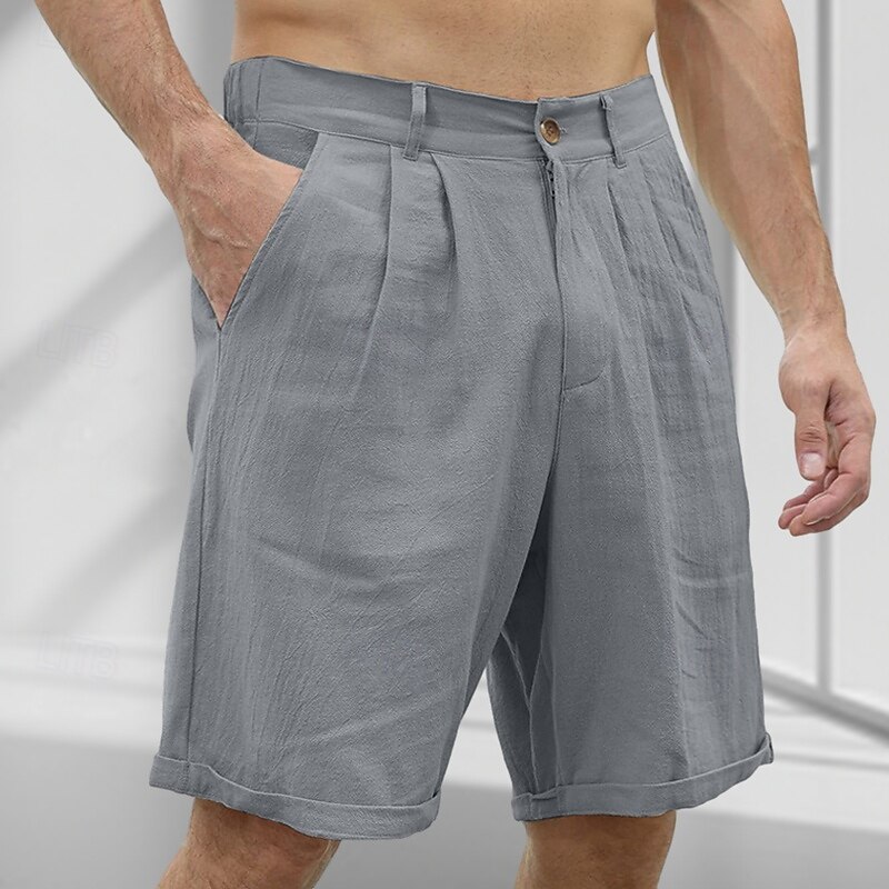 Men's Shorts Linen Shorts Dress Shorts Summer Shorts Beach Shorts Pleated Straight Leg Plain Breathable Soft Knee Length Business Daily Holiday Fashion Streetwear Black White Inelastic