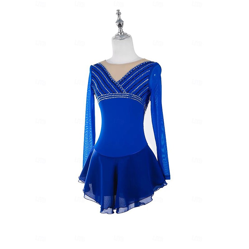 Figure Skating Dress Women's Girls' Ice Skating Dress Blue Patchwork Open Back Mesh Spandex Stretchy Training Practice Professional Skating Wear Thermal Warm Crystal / Rhinestone Long Sleeve Ice2
