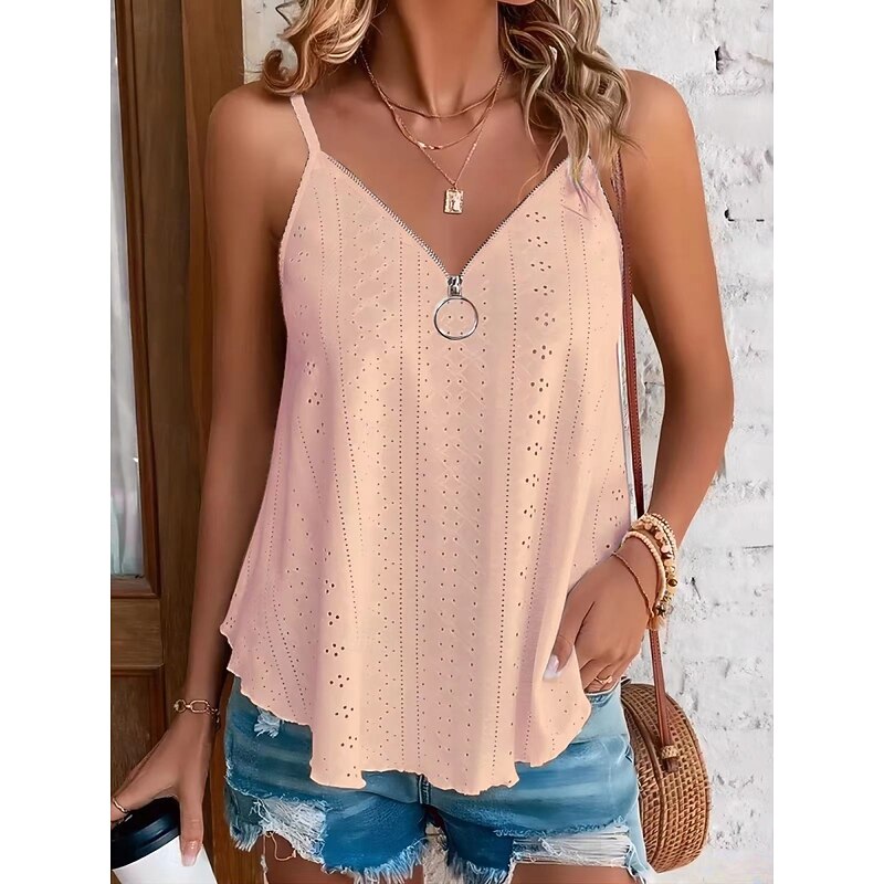 Women's Camisole Tank Top Solid Color Stylish Casual Sleeveless Strap Regular Tops Daily Zipper Eyelet White Yellow Pink Blue Purple Summer4