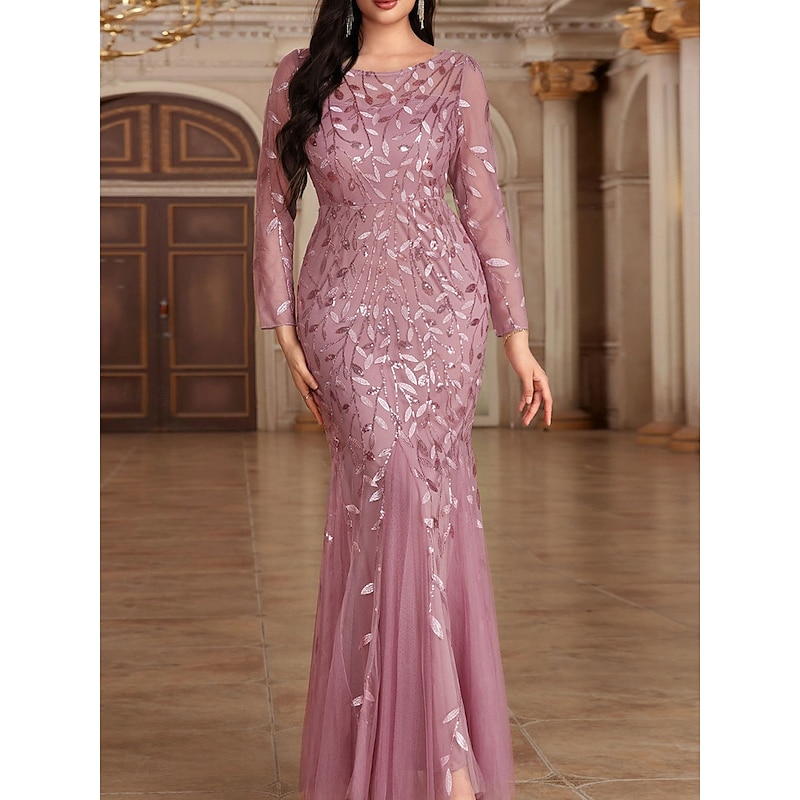 Dress Mother of the Bride Dress Elegant Party Crew Neck Floor Length Polyester Long Sleeve with Embroidery