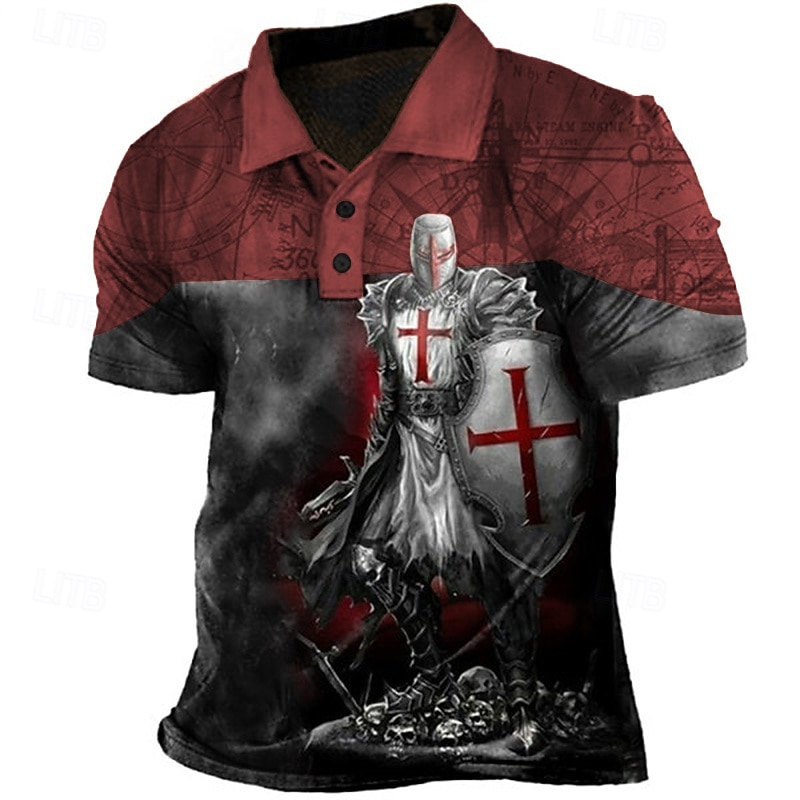 Men's Knights Templar Polo Shirts Golf Shirt Short Sleeve Polo Shirts Collared Shirts Vintage Casual Vacation Wear Festival Wear Party Outfits Buttons 3D Print Red Blue Purple3
