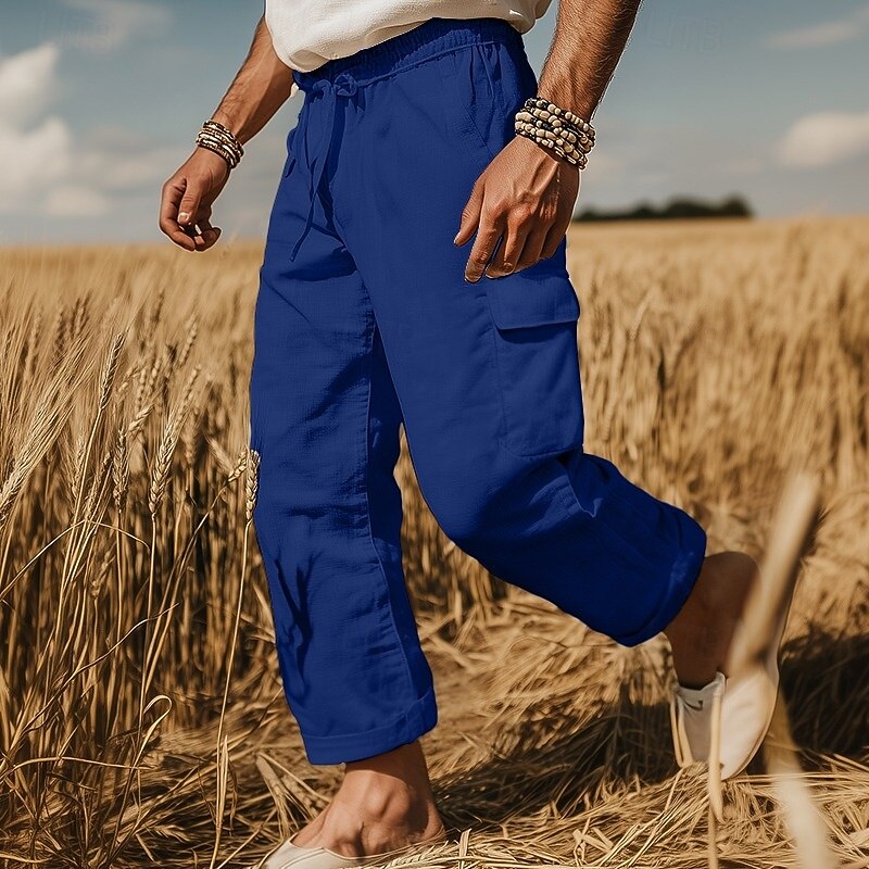 Men's Cargo Pants Linen Pants Trousers Summer Pants Beach Pants Drawstring Elastic Waist Multi Pocket Plain Comfort Breathable Full Length Outdoor Casual Holiday Fashion Retro Vintage Black White3
