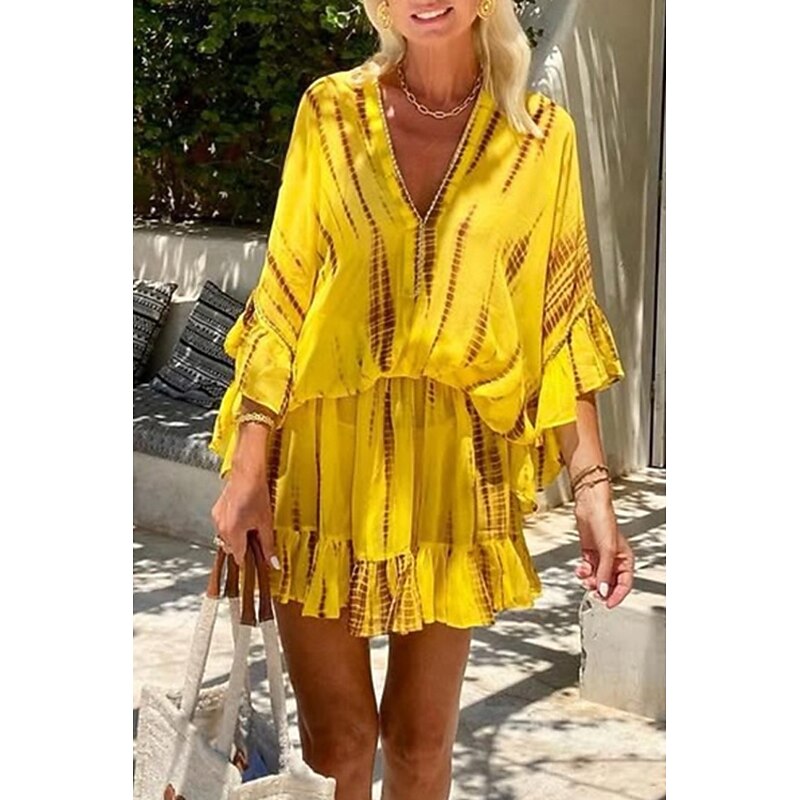 Women's Mini Dress Petite Dress Casual Dress Fashion Batwing Sleeve Outdoor Vacation Daily Regular Fit Tie Dye Long Sleeve V Neck Yellow Summer3