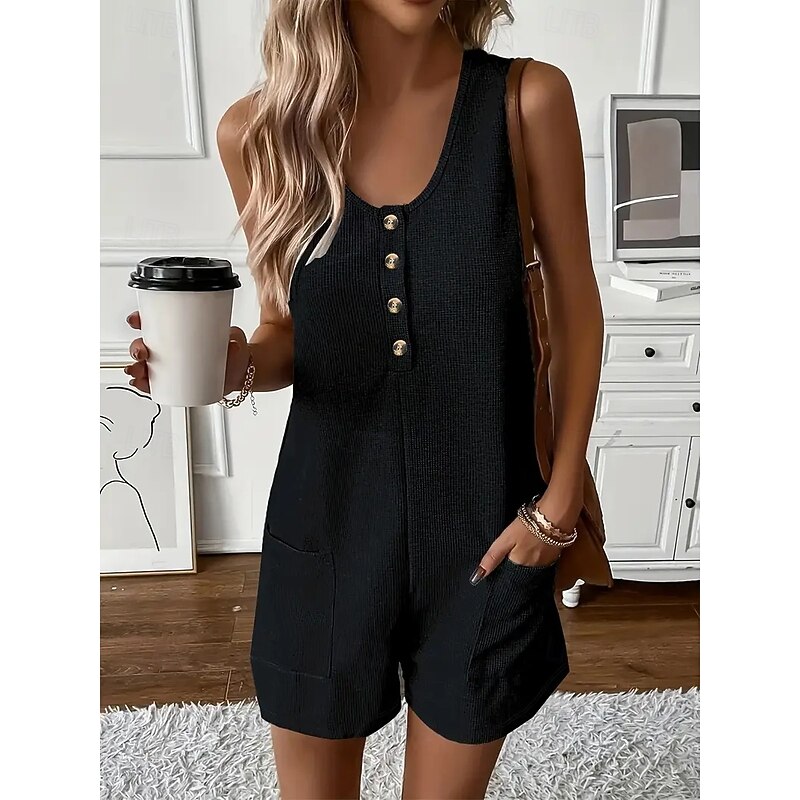 Women's Normal Romper Casual Solid Color Sleeveless Baggy Shorts Crew Neck Buttons Pocket Sport Daily Regular Fit Black Army Green Brown Summer2