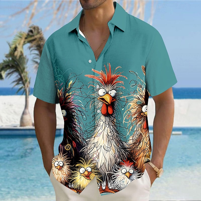 Men's Animal Chick Funny Shirt Button Up Shirt Short Sleeve Fashion Casual Vacation Holiday Streetwear Summer Turndown 3D Print Collared Shirts Front One Pocket Black White Yellow Blue Purple4