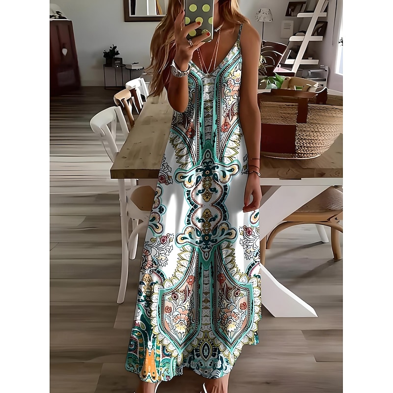 Women's Midi Dress Sundress A Line Dress Slip Dress Vacation Casual Vacation Daily Going out Regular Fit Ombre Graphic Paisley Sleeveless V Neck Light Green Summer Spring