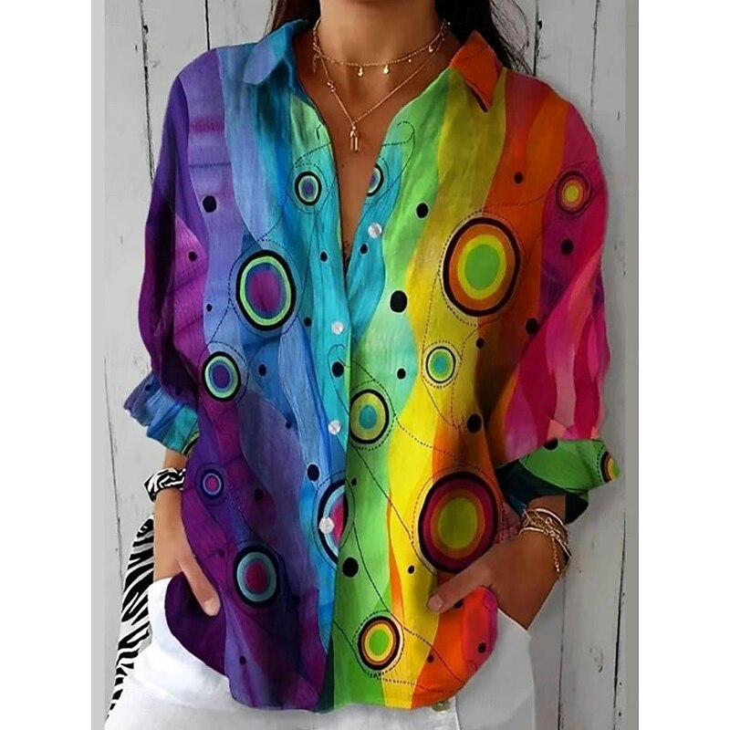 Women's Shirt Button Down Tunic Shirt Collar Long Sleeve Graphic Polka Dot Casual Regular Tops Work Daily s Print Blue Spring Fall Winter