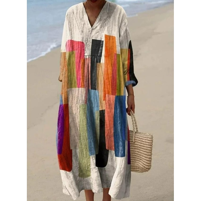 Women's Midi Dress V Neck Long Sleeve Kaftan Lightweight Loose Fit A Line Dress Casual Boho Going out Graphic Long Sleeve V Neck Yellow Red off-white Khaki2