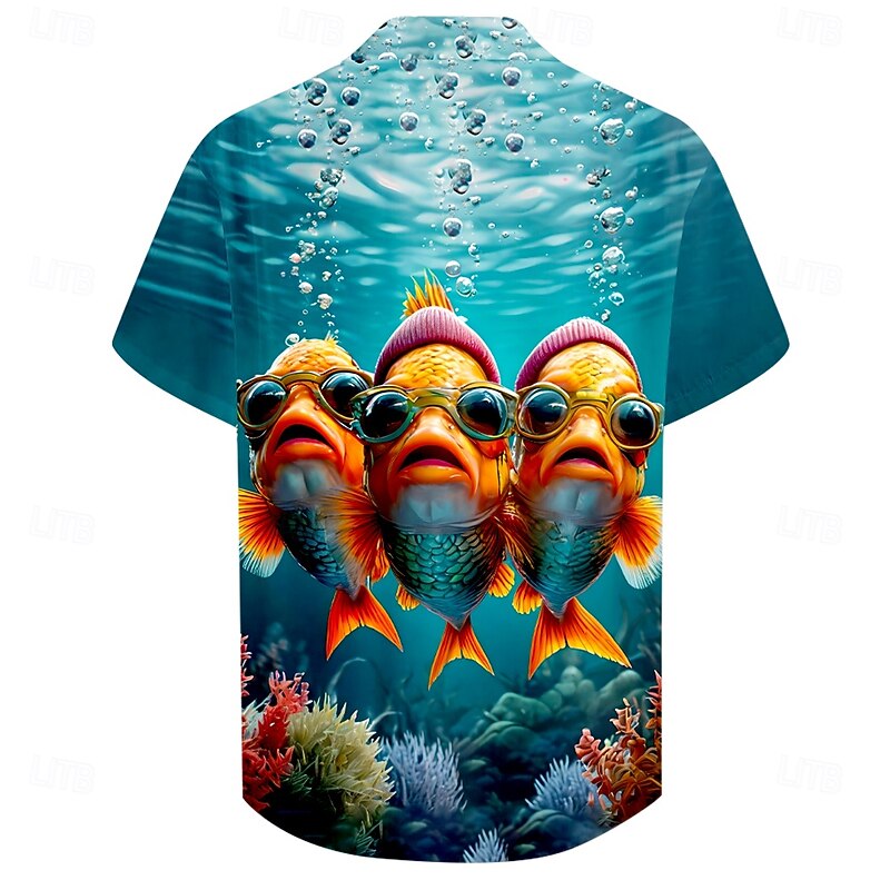 Men's Ocean Fish Sea Creatures Shirt Cuban Collar Shirt Summer Hawaiian Shirt Short Sleeve Hawaiian Vacation Holiday Beach Wear Summer Spring Camp Collar Shirt 3D Print Blue2