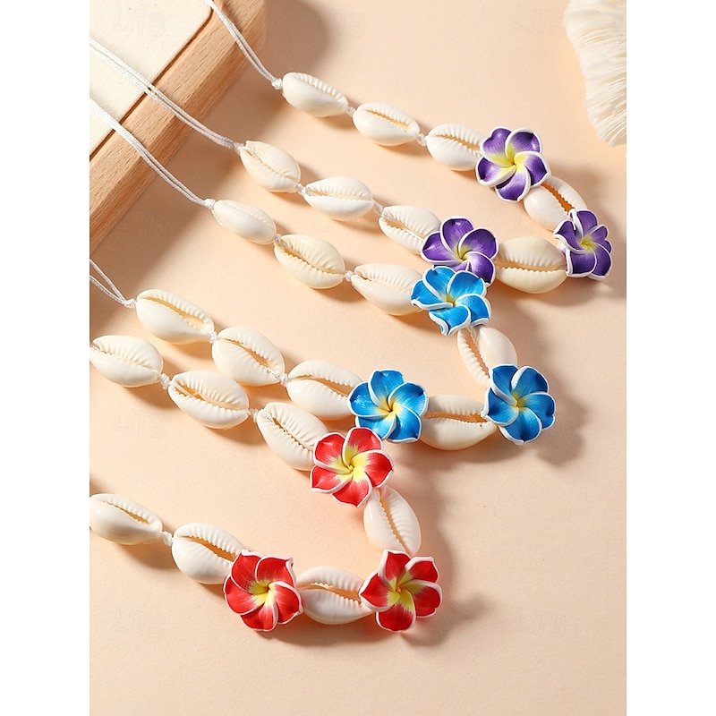 Handmade Cowrie Shell Necklace with Plumeria Flowers – Boho Hawaiian Beach Jewelry for Women, Adjustable Summer Surfer Choker, Tropical Vacation & Festival Accessory