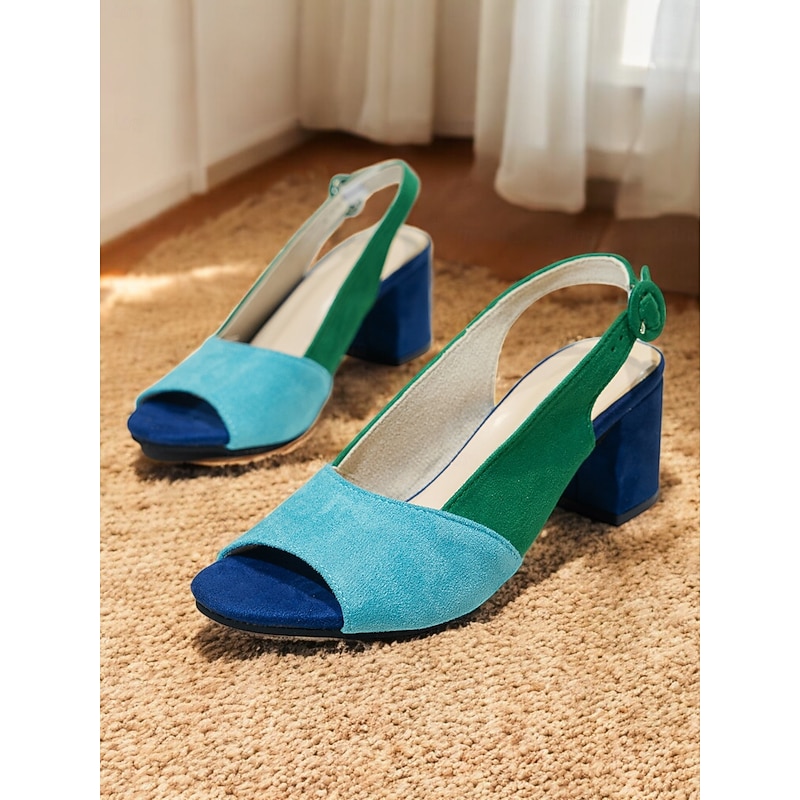 Women's Two-Tone Suede Peep Toe Block Heel Sandals – Stylish and Comfortable Open-Toe Shoes for Office, Parties, and Summer Outings4
