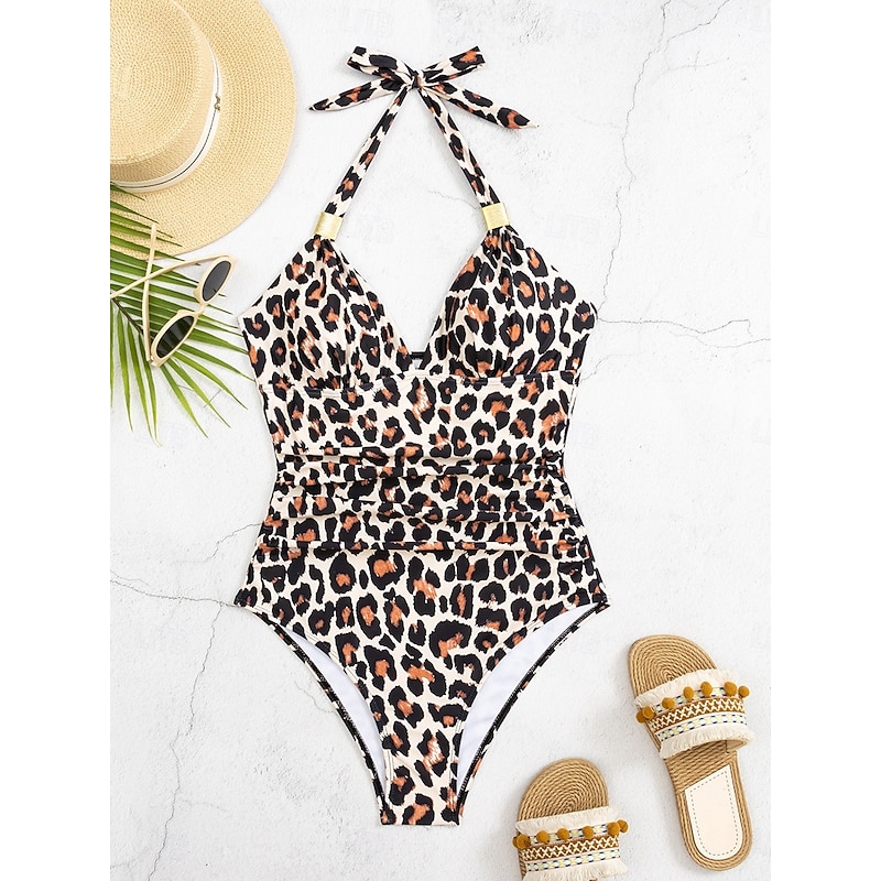 Women's Swimsuits One Piece Monokini Swimsuit Backless Tummy Control High Waist Slim Vacation Beach Wear Solid Color Leopard Halter Neck Sleeveless Bathing Suits3
