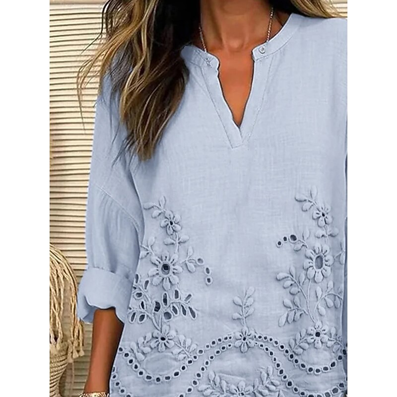 Women's Blouse Tunic V Neck Long Sleeve Boho Casual Tops 3D Print Graphic Basic Regular Tops Daily Buttons Print Pink Light Blue2