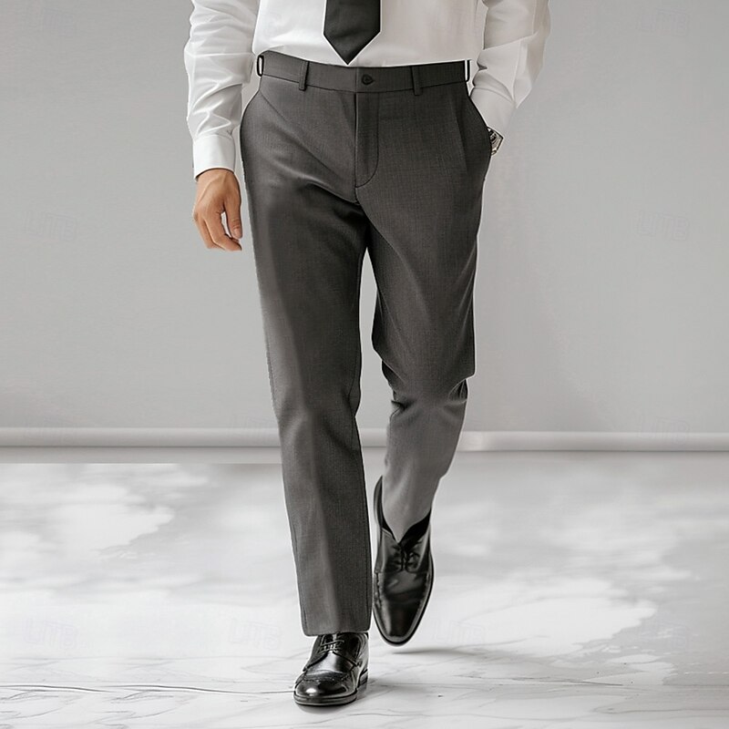 Men's Dress Pants Solid Color Wearable No-Iron Full Length Formal Wedding Party Elegant Fashion Black Grey Micro-elastic