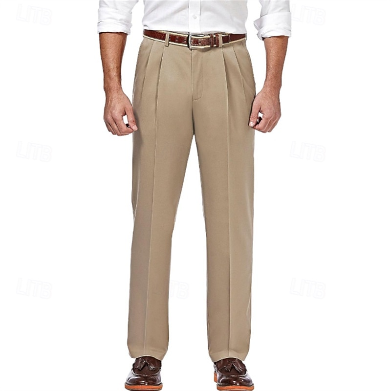 Men's Dress Pants Trousers Suit Pants Pleated Pocket Straight Leg Plain Comfort Soft Full Length Formal Business Daily Fashion Streetwear Dark Khaki Light Khaki2