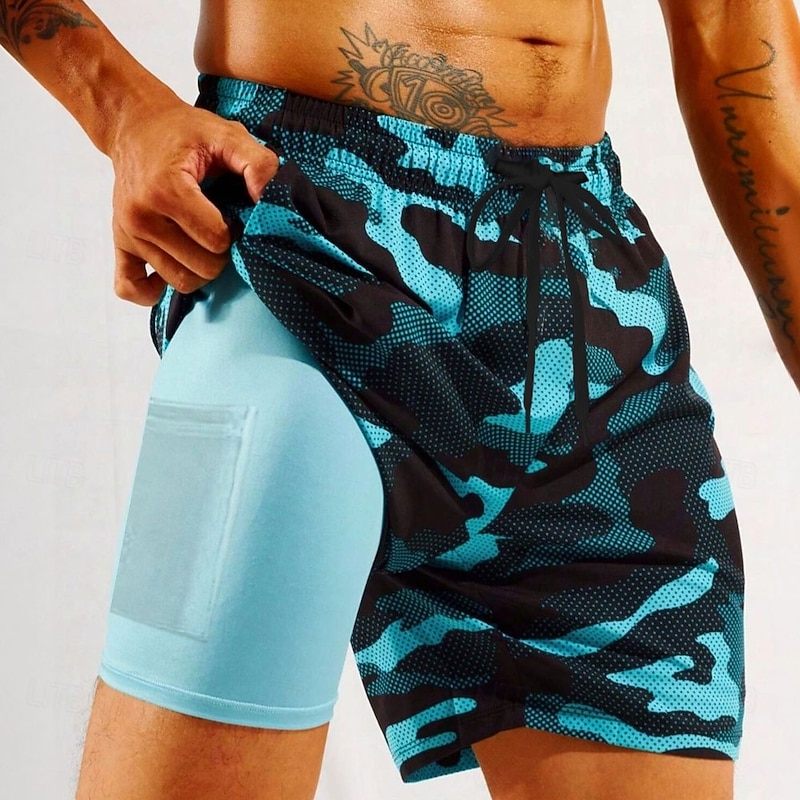 Men's Camo Camouflage Lined Shorts 2 in 1 Board Shorts Swim Shorts Mid Waist Hawaiian Vacation Holiday Beach Wear Side Pockets With Compression Liner Elastic Drawstring Waist Designer Clothing Apparel