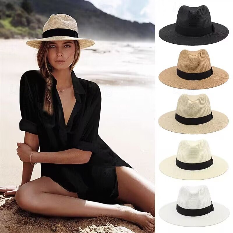 Unisex Summer Sun Hat, Panama Straw Wide Brim UV Protection Hat, Beach Hat for Travel & Outdoor, Sunshade for Men & Women