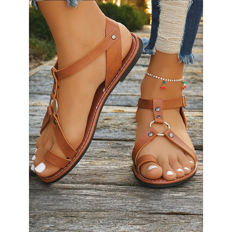Women's Brown Strappy Flat Sandals – Vintage-Inspired Open-Toe Summer Sandals with Buckle Detail for Casual Outings and Beachwear2