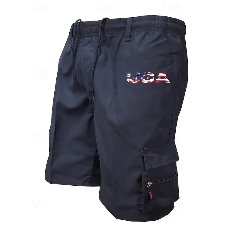 Men's Cargo Shorts Shorts Summer Shorts Drawstring Elastic Waist Multi Pocket USA Flag Comfort Wearable Knee Length Outdoor Sport Daily Fashion Casual Black Navy Blue