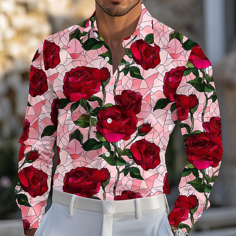 Men's Rose Flowers Satin Shirt Dress Shirt Button Up Shirt Long Sleeve Fashion Casual Wedding Vacation Evening Party Summer Spring Turndown Collared Shirts 3D Print Funny Kentucky Derby Shirts Pink