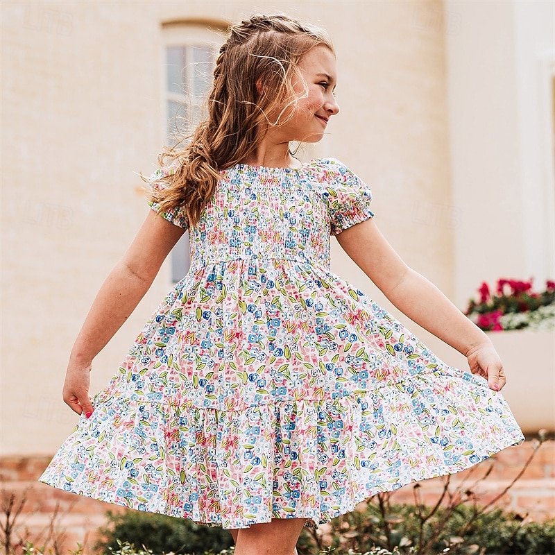 Kids Girls' Dress Floral Short Sleeve Outdoor Casual Fashion Adorable 100% Cotton Knee-length Casual Dress A Line Dress Summer 4 years+ Pink Red Blue