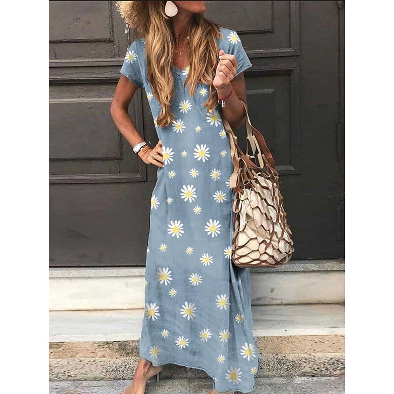 Women's Long Dress Maxi Dress Casual Dress Summer Dress Fashion Vacation Daily Holiday Loose Fit Floral Daisy Short Sleeve V Neck Grey Light Blue Summer2