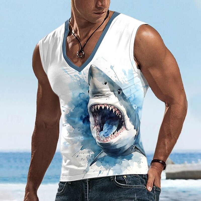 Men's Shark T Shirt Sleeveless T shirt 3D Print V Neck Shirt Tropical Outdoor Vacation Hawaiian White 1 White White 2 Summer Spring Clothing Apparel S M L XL XXL XXXL