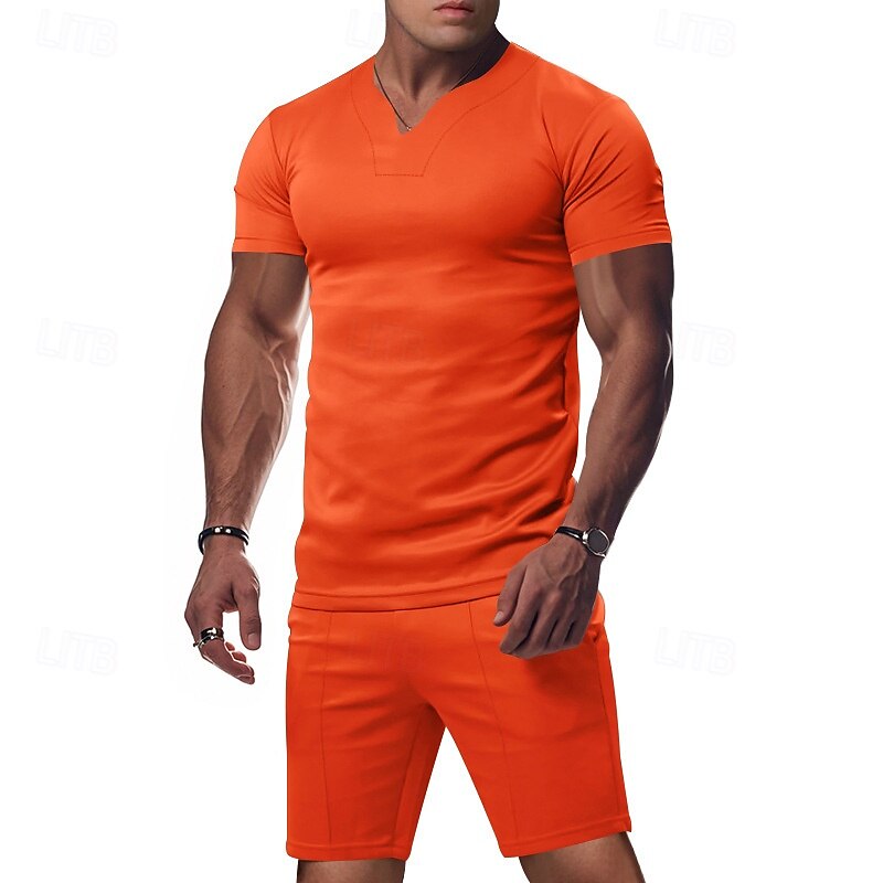 Men's T-shirt Suits 2 Pieces Outfits Tee & Shorts Short Sleeve V Neck Summer Plain Fashion Casual 2 Piece Vacation Daily Wear Going out Black White Orange Top Tee for Men