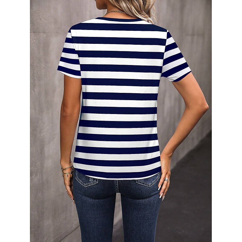 Women's T Shirt Graphic Striped Stylish Casual Short Sleeve Round Neck Regular Tops Daily Weekend Print Navy Blue Summer Spring3