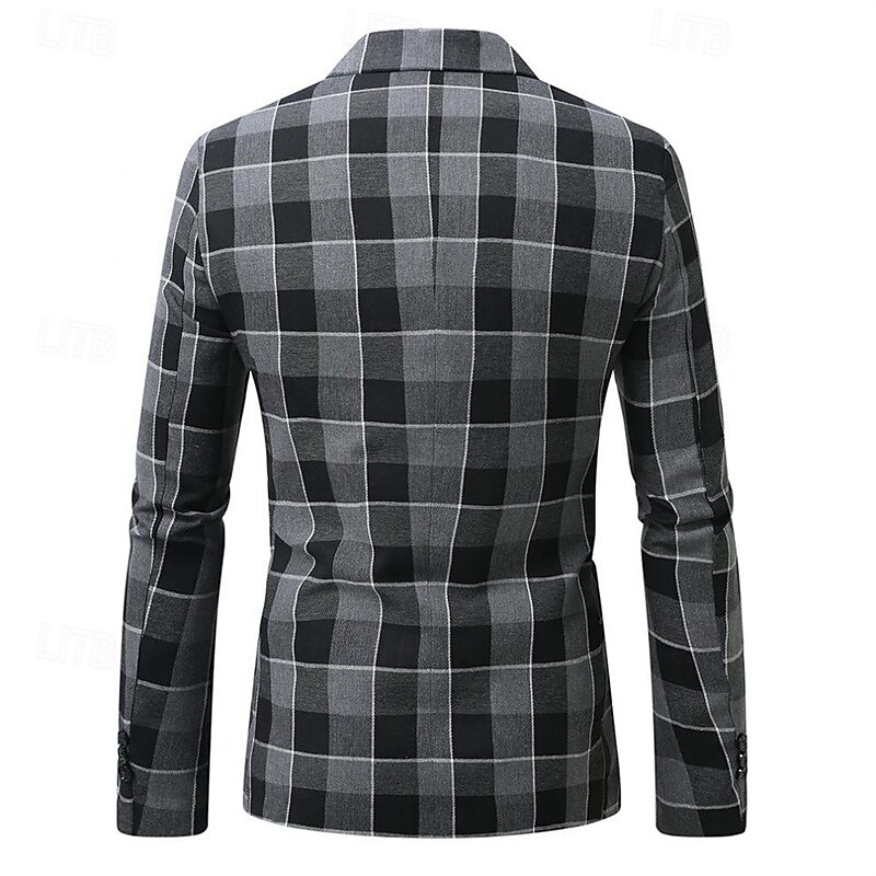 Men's Graduation Blazer Business Cocktail Party Wedding Party Fashion Casual Spring Autumn / Fall Polyester Plaid Pocket Buttons Comfortable Single Breasted Blazer Gray3