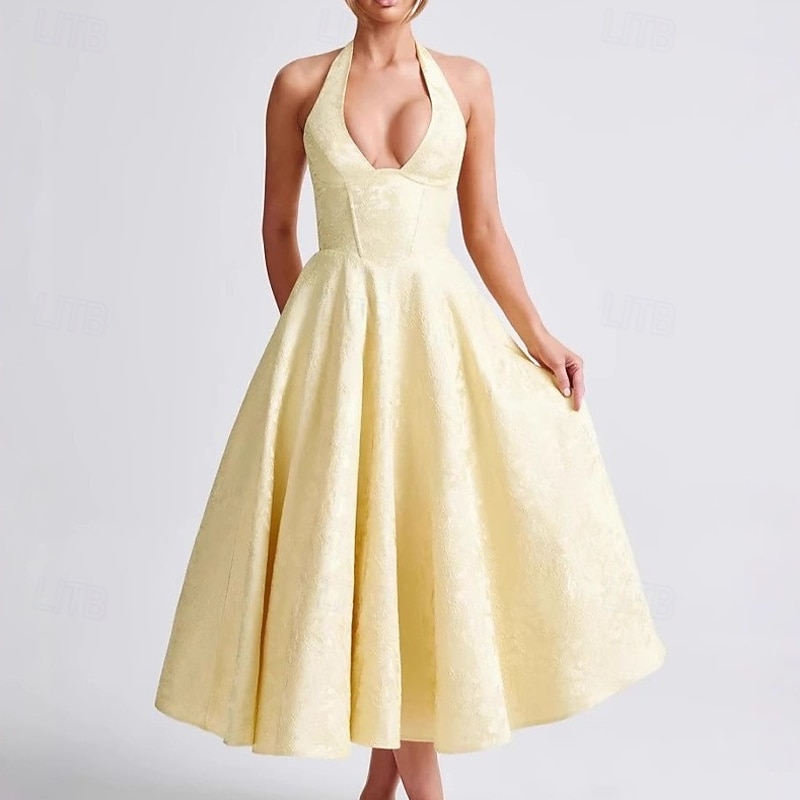 Retro Vintage 1950s Midi Dress Flare Dress Halter Floral Jacquard A-Line Fit & Flare Swing Fancy Dress Women's Carnival New Year Valentine's Day Wedding Vacation Tea Party Adults' Dress