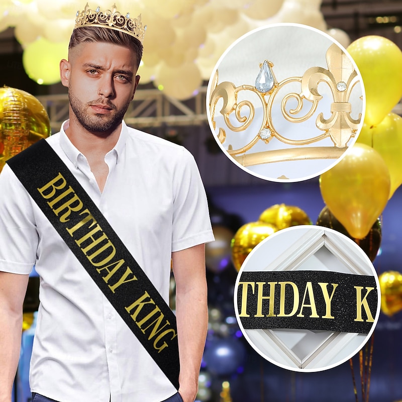 Elegant Birthday King 2-Piece Set for Men - Round Alloy Crown with Sash and Badge Decorations3