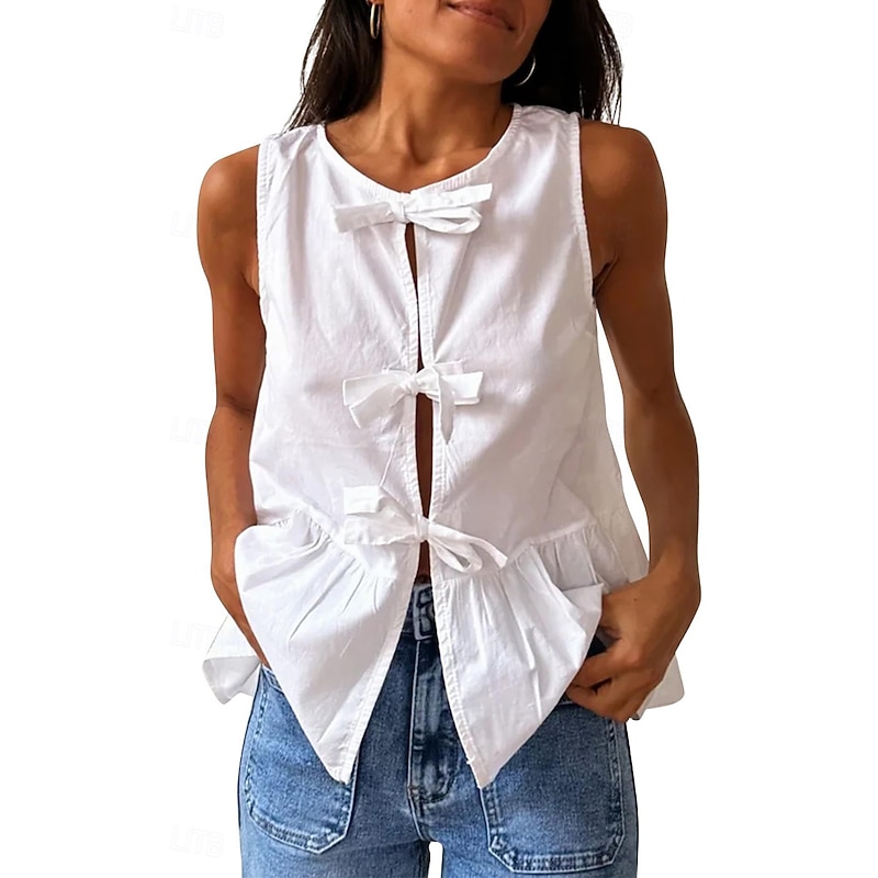 Women's Shirt Linen Shirt Button Up Blouse Plain Stylish Basic Sleeveless Crew Neck Regular Tops Daily Holiday Tie Front Black White Pink Blue Rose Pink Summer - Main Image