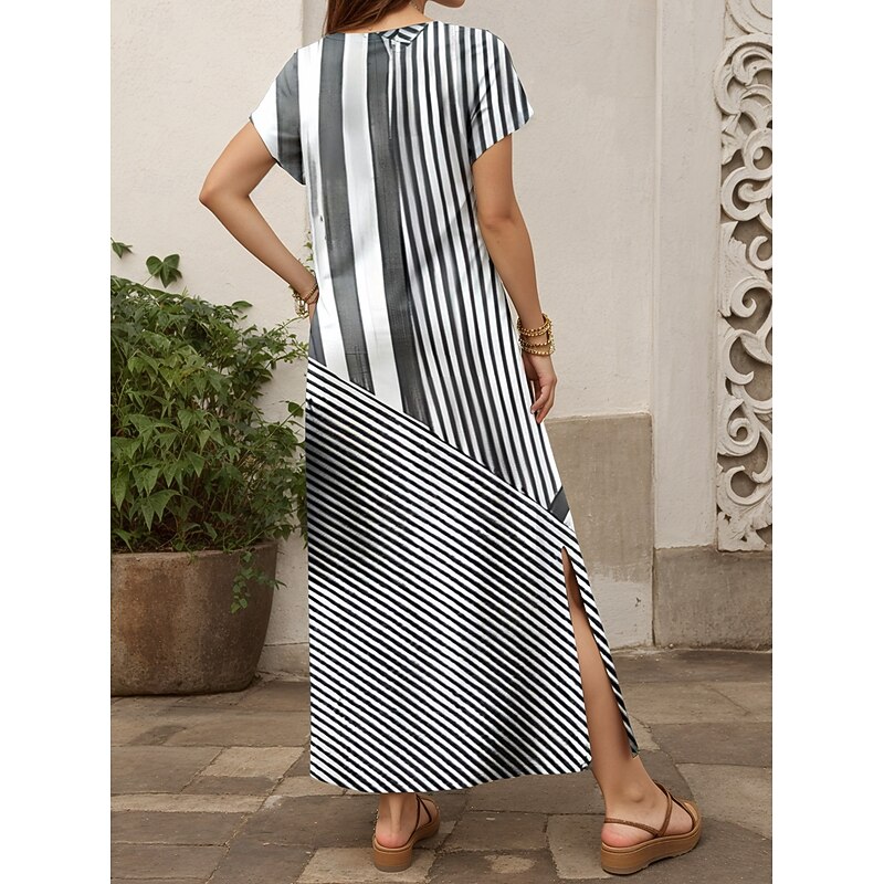 Women's Midi Dress Sundress A Line Dress Summer Dress Vacation Casual Vacation Daily Regular Fit Graphic Striped Short Sleeve V Neck Blue Gray Summer2