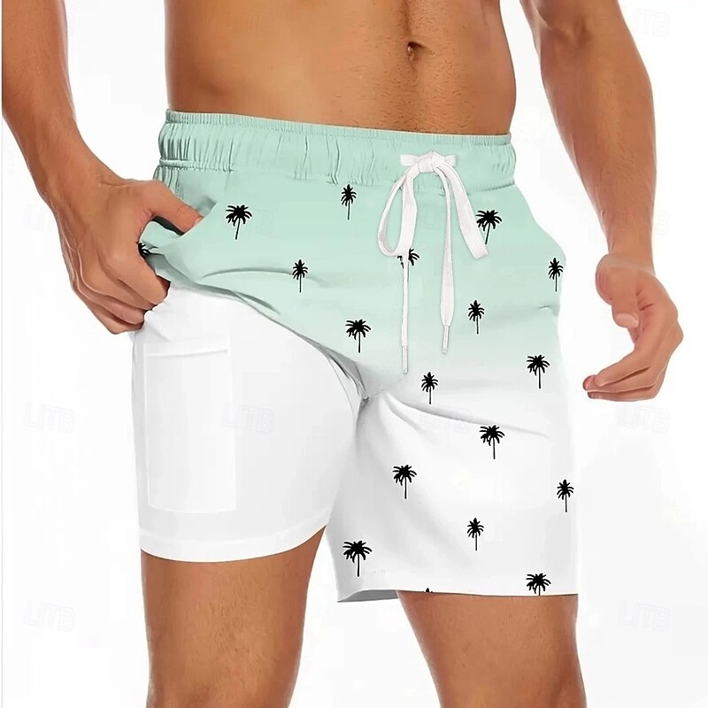 Men's Coconut Tree Gradient Color Lined Shorts 2 in 1 Board Shorts Swim Trunks Mid Waist Hawaiian Beach Wear Side Pockets With Compression Liner Elastic Drawstring Waist Designer Clothing Apparel3