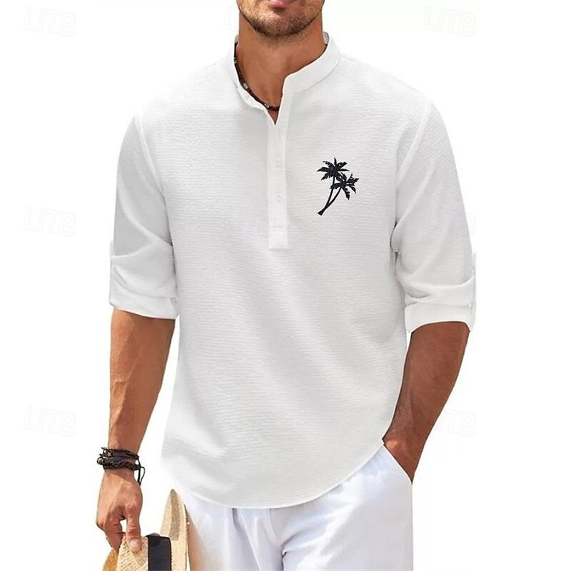 Men's Minimalist Aloha Shirt Popover Shirt Summer Shirt Casual Shirt Beach Shirt Waffle Knit Shirt Black White Blue Sky Blue Dark Gray Long Sleeve Coconut Tree Classic Stand Collar Henley Vacation2