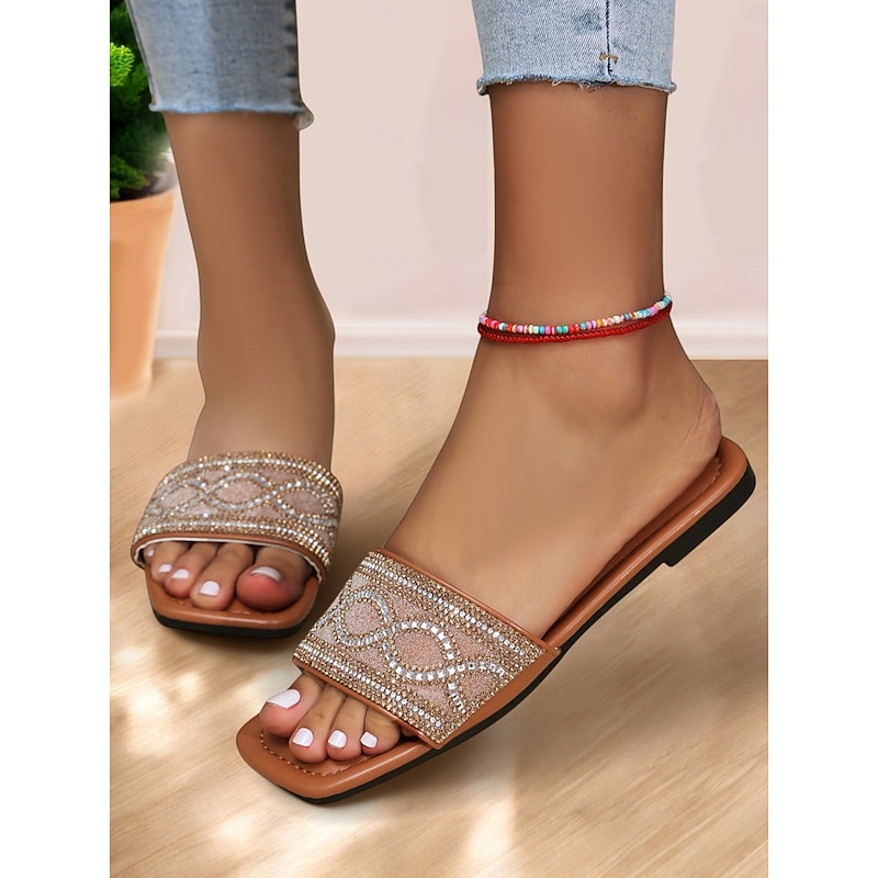 Brown Rhinestone Embellished Slip-On Sandals – Elegant Summer Flat Sandals for Women3
