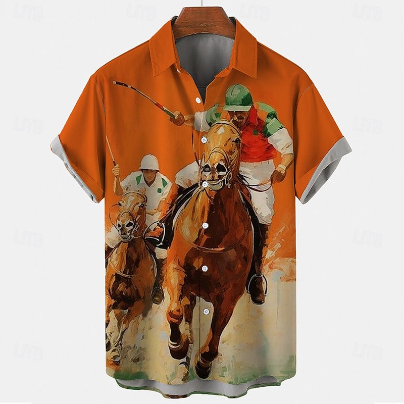 Kentucky Derby Men's Horse Racing Shirt Button Up Shirt Short Sleeve Vintage Retro Holiday Festival Summer Spring Turndown 3D Print Funny Kentucky Derby Shirts Blue Orange