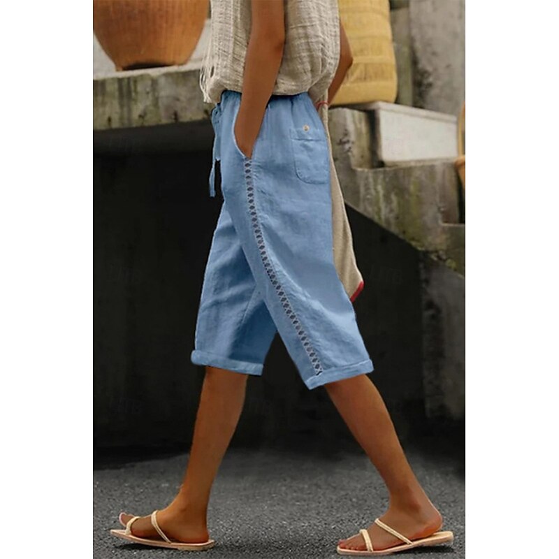 Women's Cotton Linen Pants Slacks Crop Streetwear Casual Knee Length Natural Plain Pocket Elastic Drawstring Design Breathability Soft Micro-elastic Casual Daily Wear Light Sky Blue White Pink Summer
