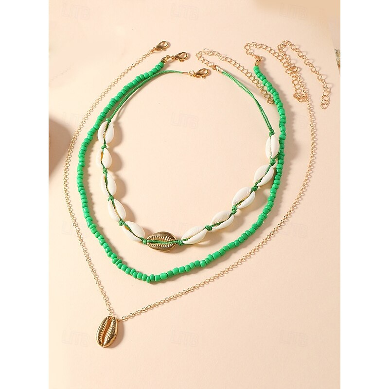 Women's Boho Cowrie Shell Necklace Set – Layered Beach Jewelry with Gold Accents, Handmade Summer Surf Choker for Vacation, Festivals & Casual Wear