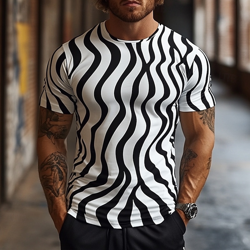 Men's Stripe T Shirt Short Sleeve T shirt 3D Print Crew Neck Shirt Exaggerated Designer Party Casual Holiday Black / White Summer Spring Clothing Apparel S M L XL XXL XXXL